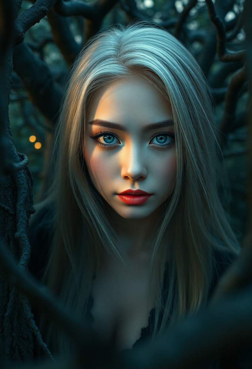 AI generated art for prompt: A captivating portrait of an East Asian woman with striking azure eyes and long, platinum blonde hai