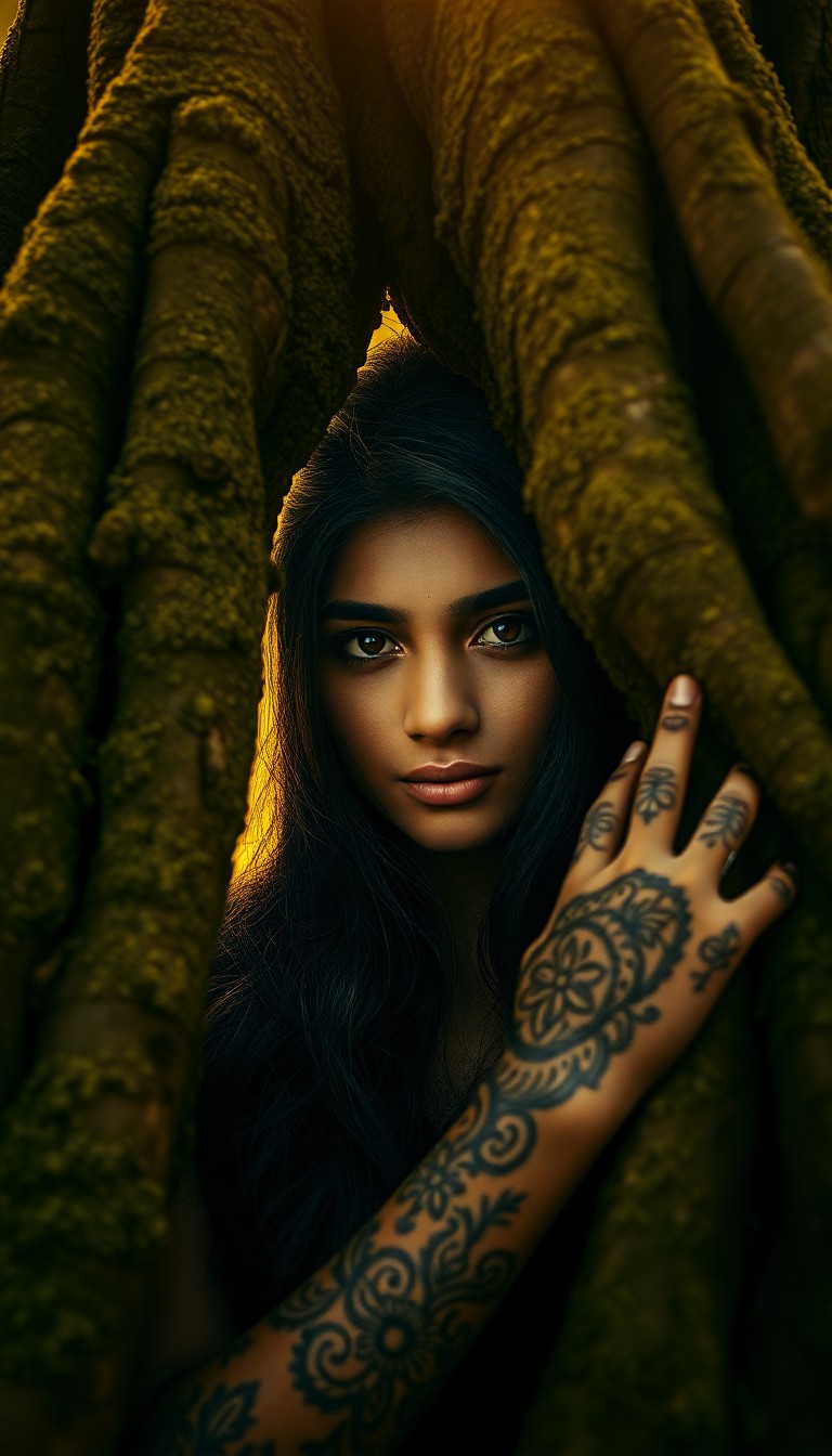 AI generated art for prompt: A captivating portrait photograph reveals an enigmatic South Asian woman with deep brown eyes framed