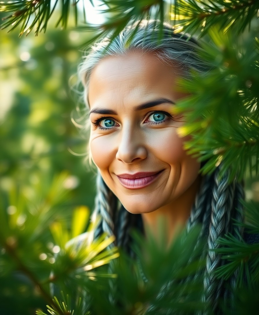 AI generated art for prompt: A portrait photograph showcases a serene Hispanic woman with icy blue eyes and long silver braids, b