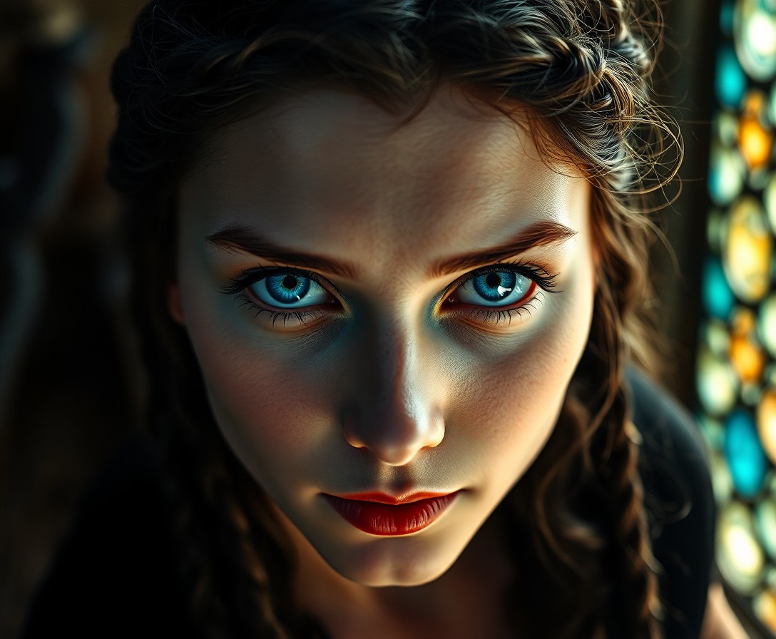 AI generated art for prompt: An ethereal portrait depicts a Nordic woman's introspective gaze, her striking ice-blue eyes illumin