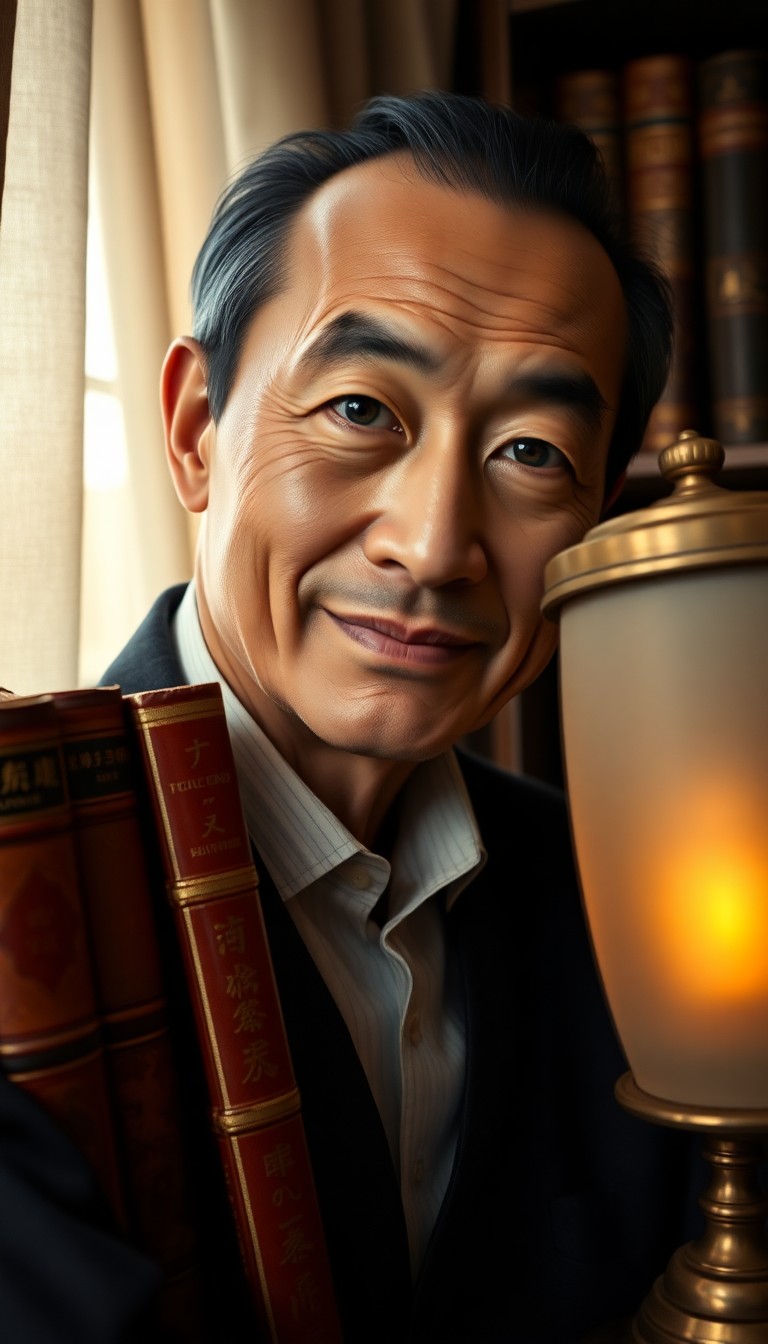 AI generated art for prompt: Craft a portrait of an enigmatic East Asian gentleman exuding serenity and wisdom. His almond eyes, 