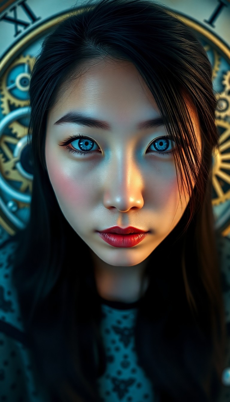 AI generated art for prompt: Envision an ultra-realistic DSLR portrait of an East Asian woman with striking icy blue eyes, captur