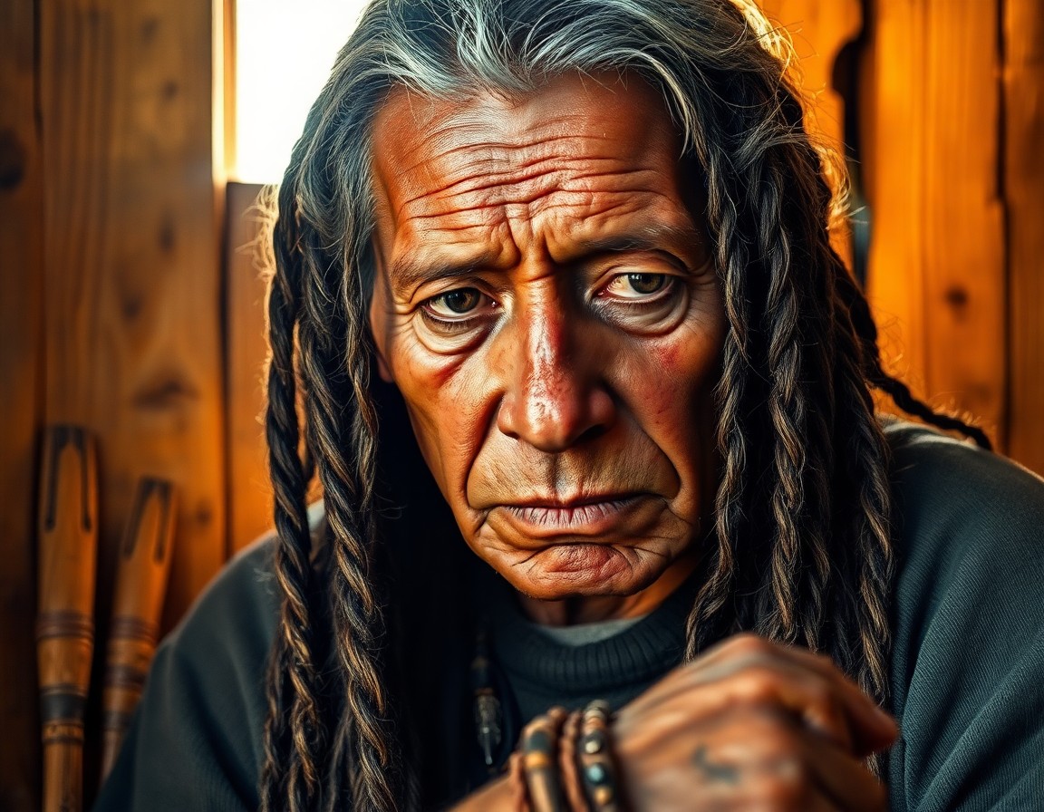 AI generated art for prompt: Envision an iPhone portrait of a Native American elder, his deep brown eyes holding an enigmatic gaz