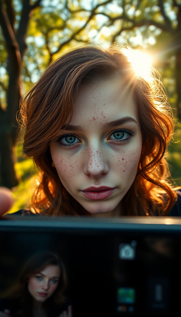 AI generated art for prompt: A smartphone camera captures an enigmatic Eastern European woman with captivating emerald eyes in a 