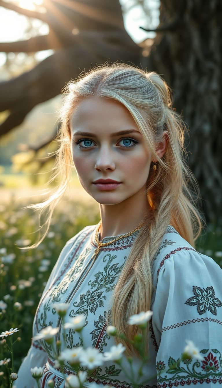 AI generated art for prompt: A Slavic woman with mesmerizing blue eyes and flowing blonde hair, gathered in a loose ponytail, is 