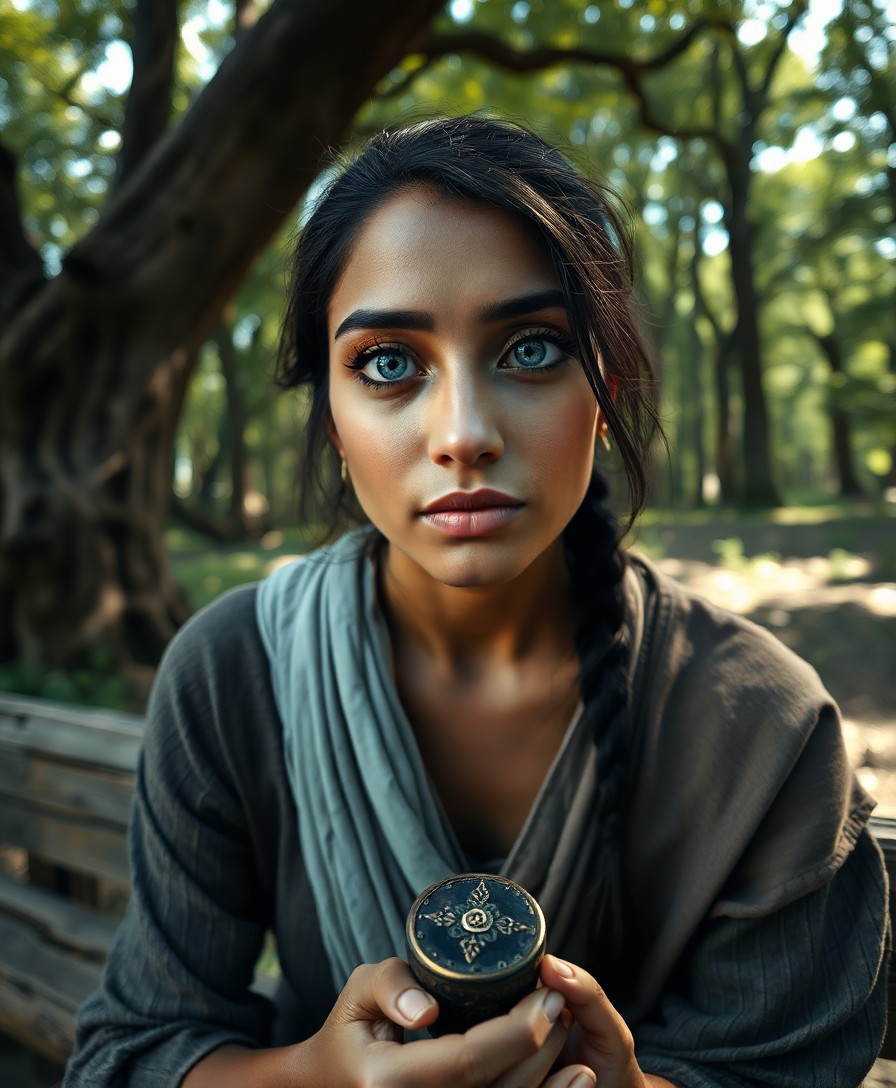 AI generated art for prompt: Craft a photorealistic portrait of an enigmatic South Asian woman with captivating ice-blue eyes acc