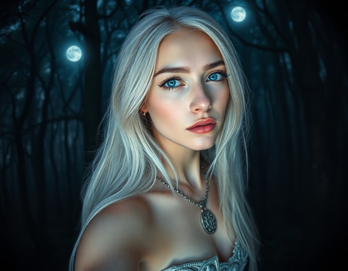 AI generated art for prompt: Create a photorealistic portrait of a captivating Slavic woman with piercing ice-blue eyes and waist