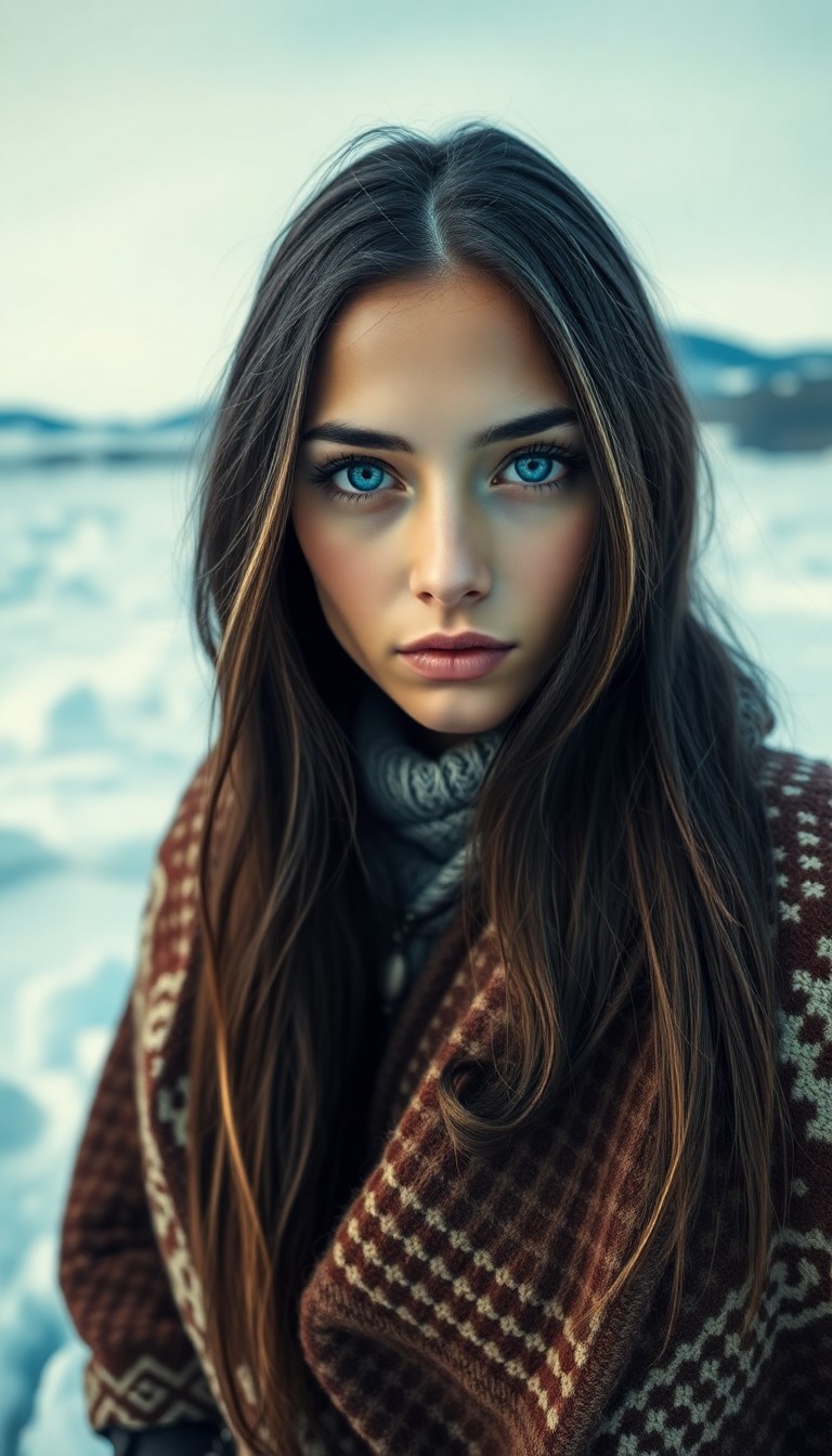 AI generated art for prompt: A portrait photograph captures the enigmatic gaze of a Middle Eastern woman with piercing blue eyes 