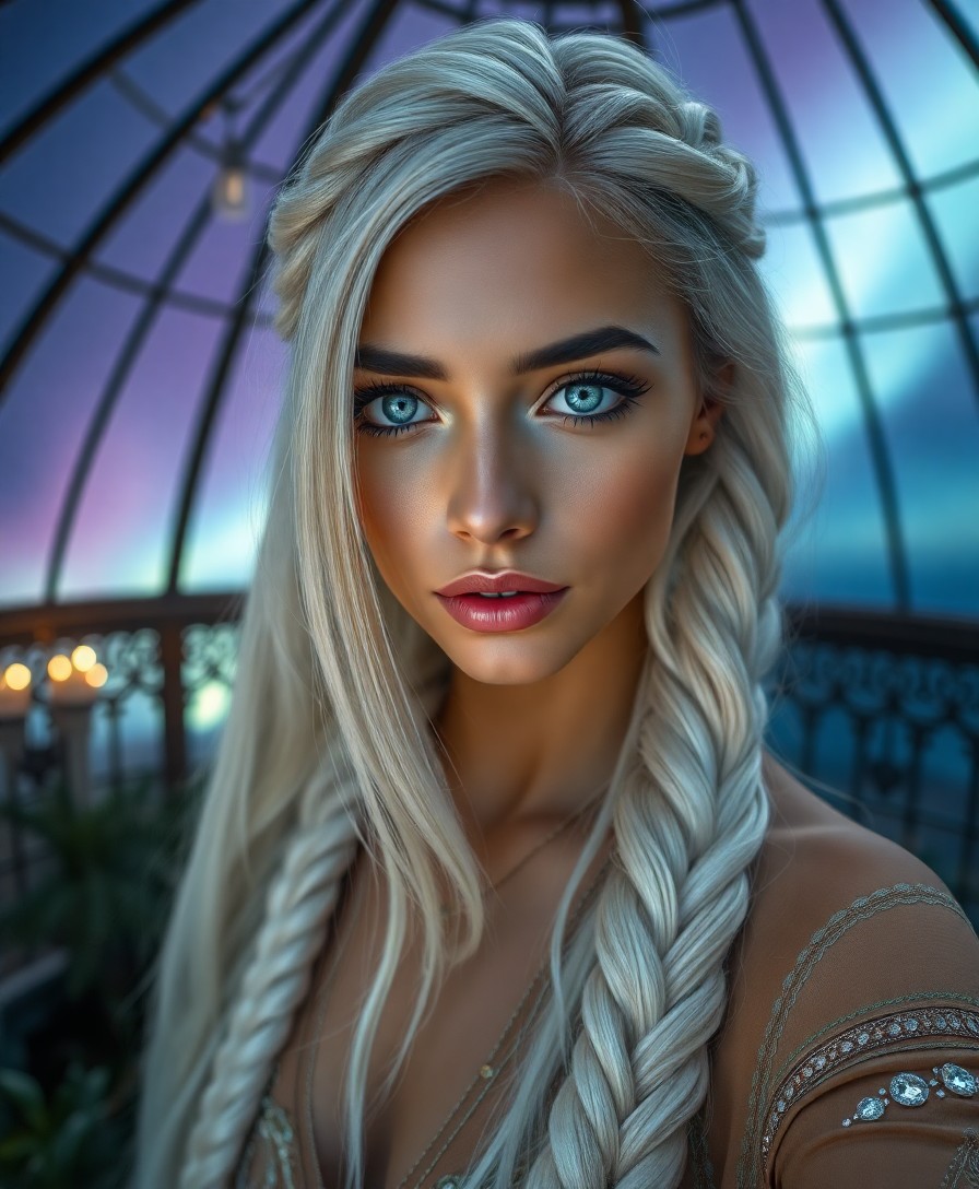 AI generated art for prompt: A hyperrealistic portrait depicts a Hispanic woman with captivating ice-blue eyes and long platinum 