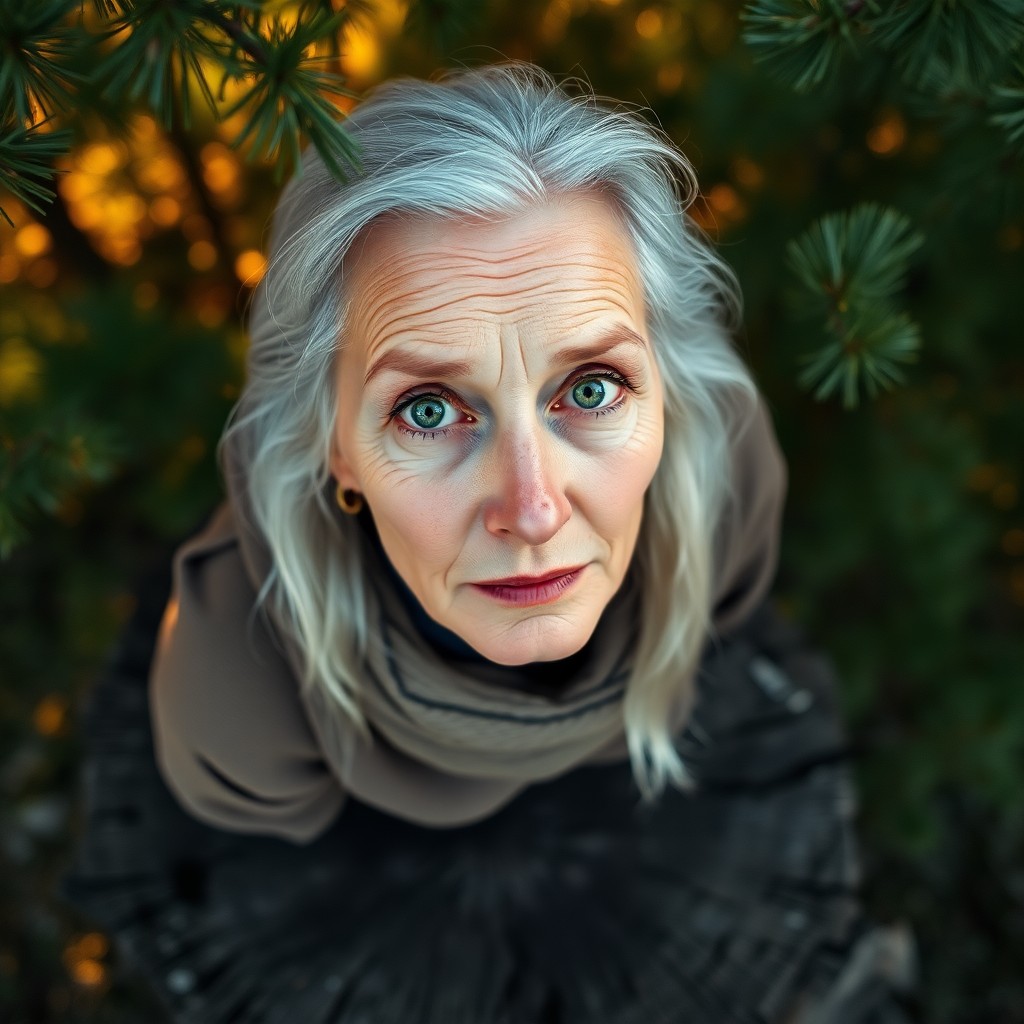 AI generated art for prompt: Render a photorealistic portrait of an elderly Slavic woman, her striking green eyes and silver-stre