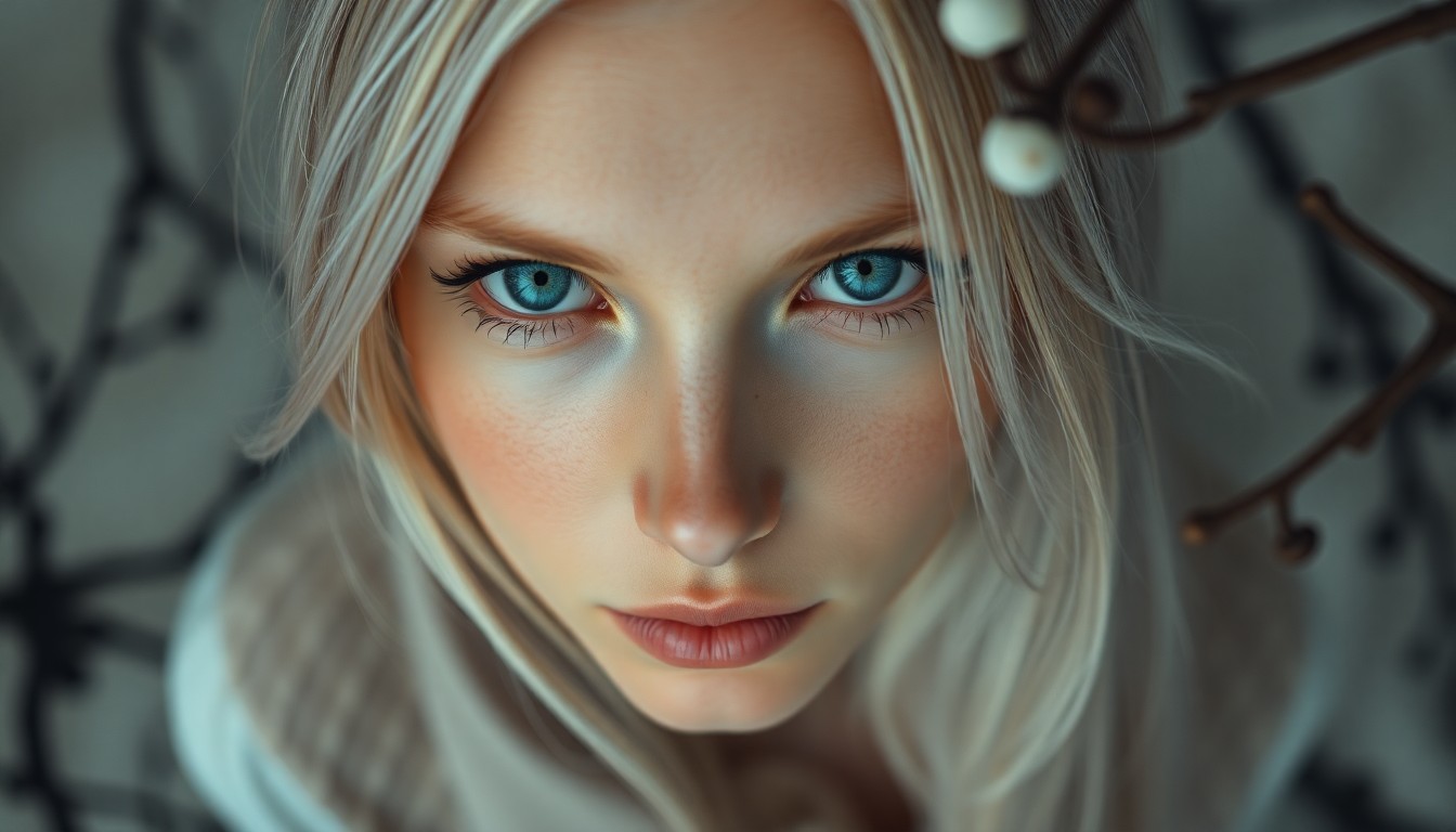 AI generated art for prompt: A portrait photograph unveils the captivating presence of a Nordic woman with piercing blue eyes, se