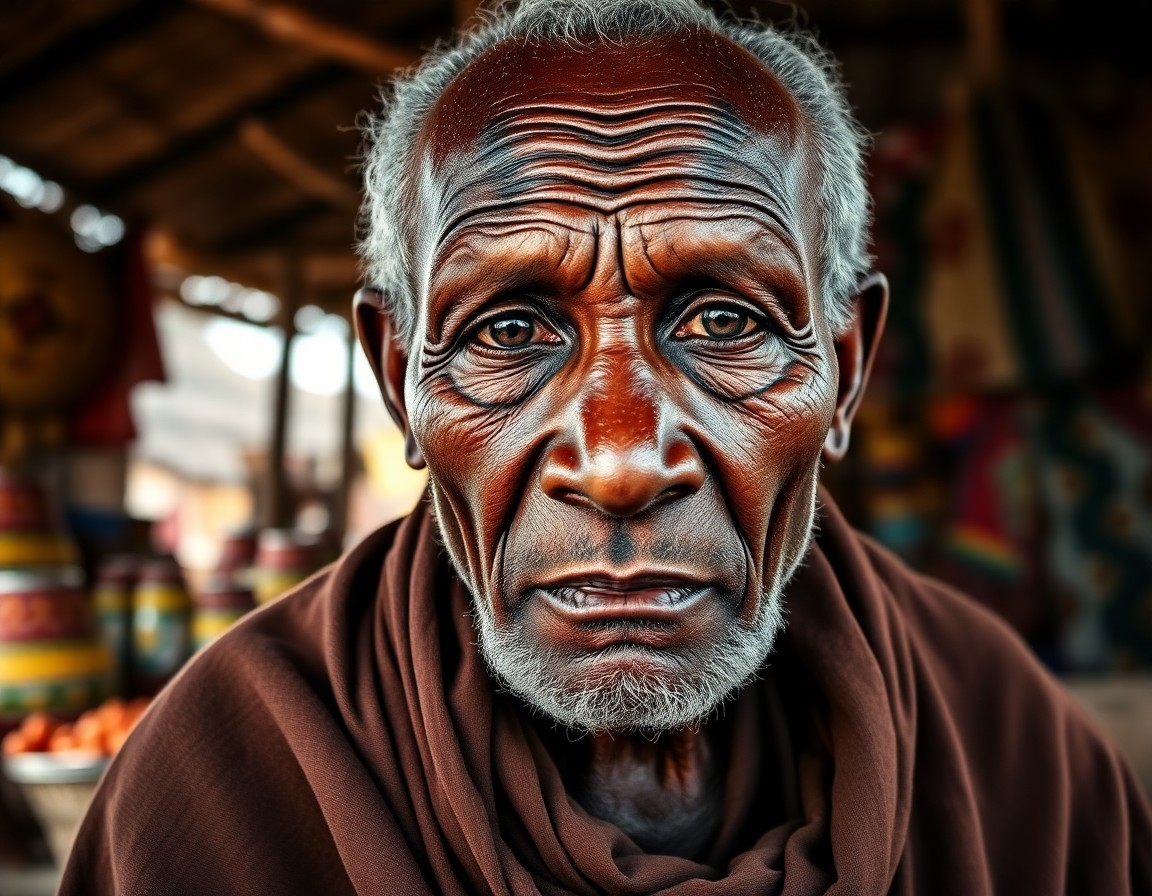 AI generated art for prompt: Envision a portrait photograph of an African elder, his wise and weathered visage defined by deep-se