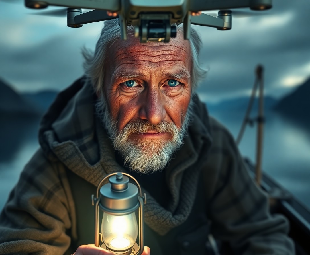 AI generated art for prompt: Imagine a super-realistic portrait of an elderly Native American fisherman, characterized by rugged 