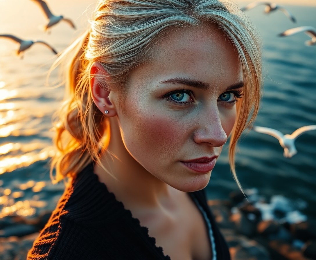 AI generated art for prompt: A photorealistic portrait depicts a Slavic woman in her early forties with captivating blue eyes and