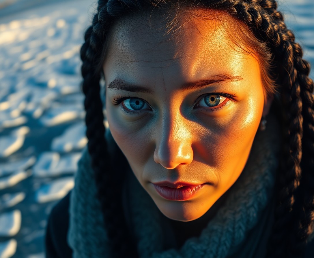 AI generated art for prompt: A portrait, captured with a mirrorless camera, depicts an enigmatic Inuit woman with captivating ice