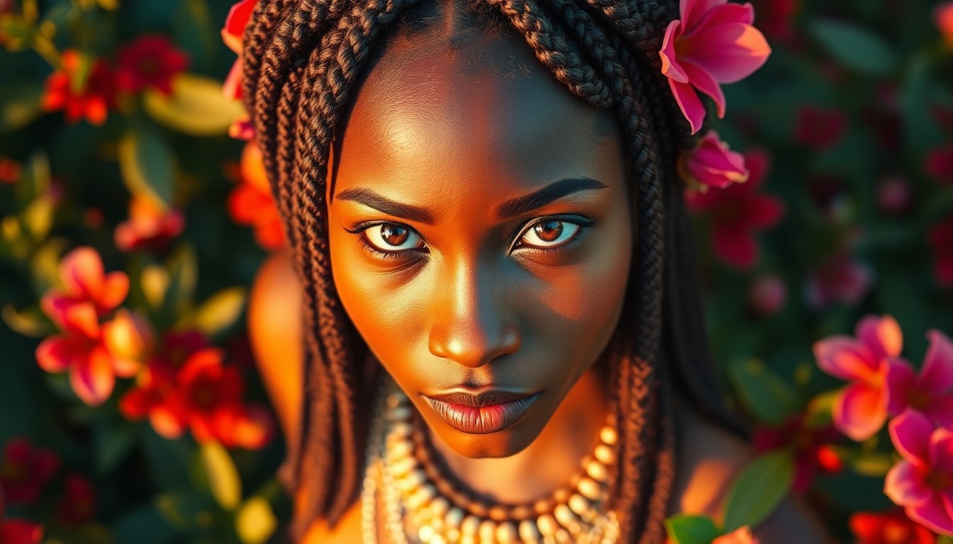 AI generated art for prompt: Craft a photorealistic portrait of an African woman with warm hazel eyes and intricate braids, bathe