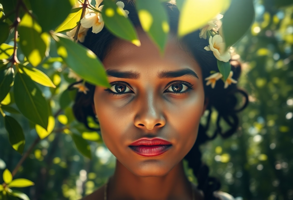 AI generated art for prompt: A portrait photograph captures the serene yet enigmatic expression of a South Asian woman with warm,