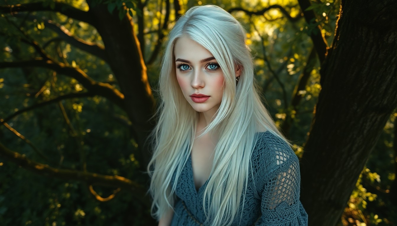 AI generated art for prompt: A serene Slavic woman with fair skin and icy blue eyes stands amidst a lush forest's canopy of green