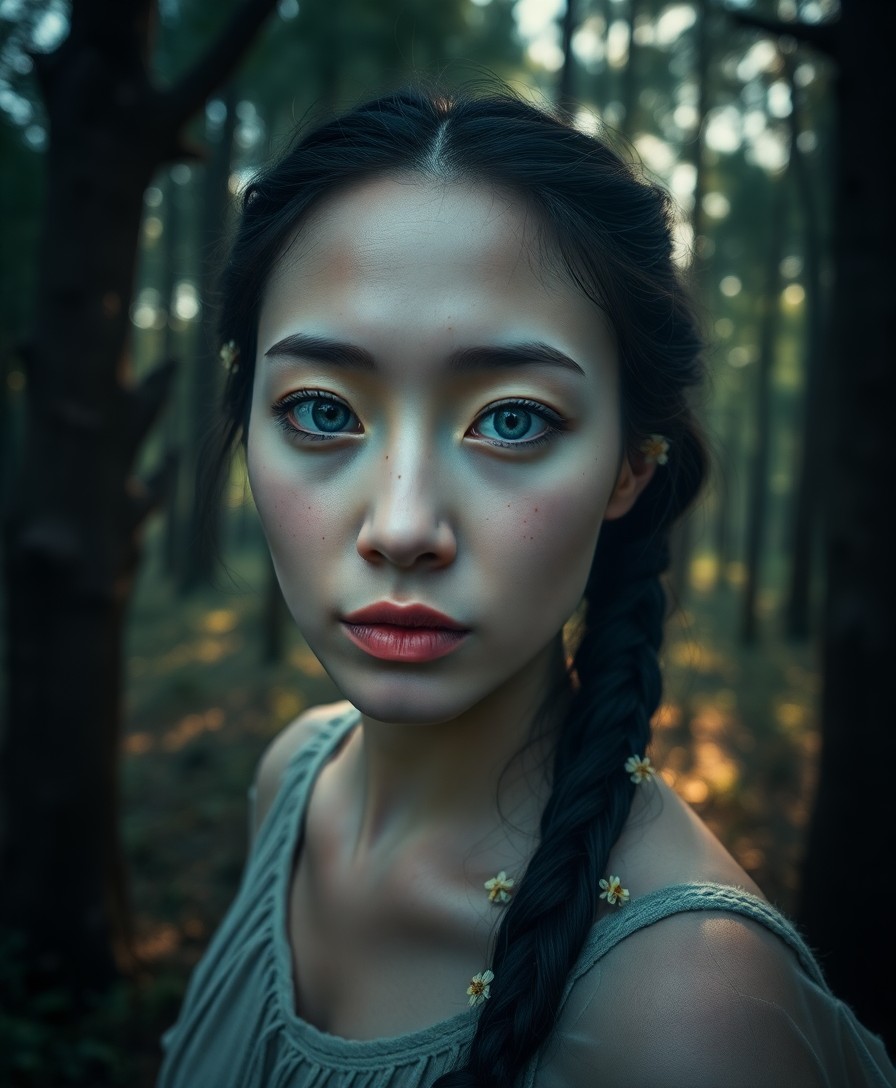 AI generated art for prompt: A DSLR captures an enigmatic East Asian woman with piercing azure eyes, her delicate freckles illumi