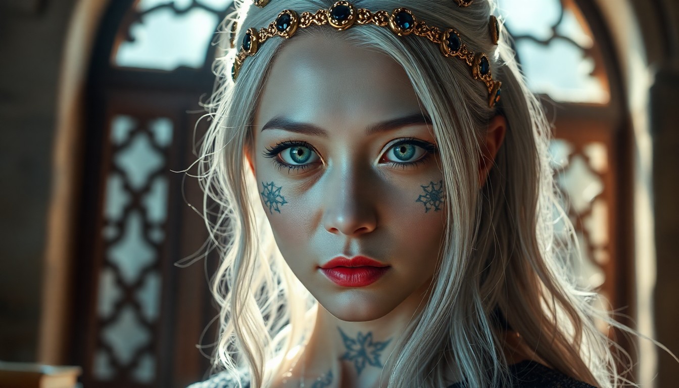 AI generated art for prompt: A portrait photo, captured from a low angle by a digital camera, showcases an East Asian sorceress i