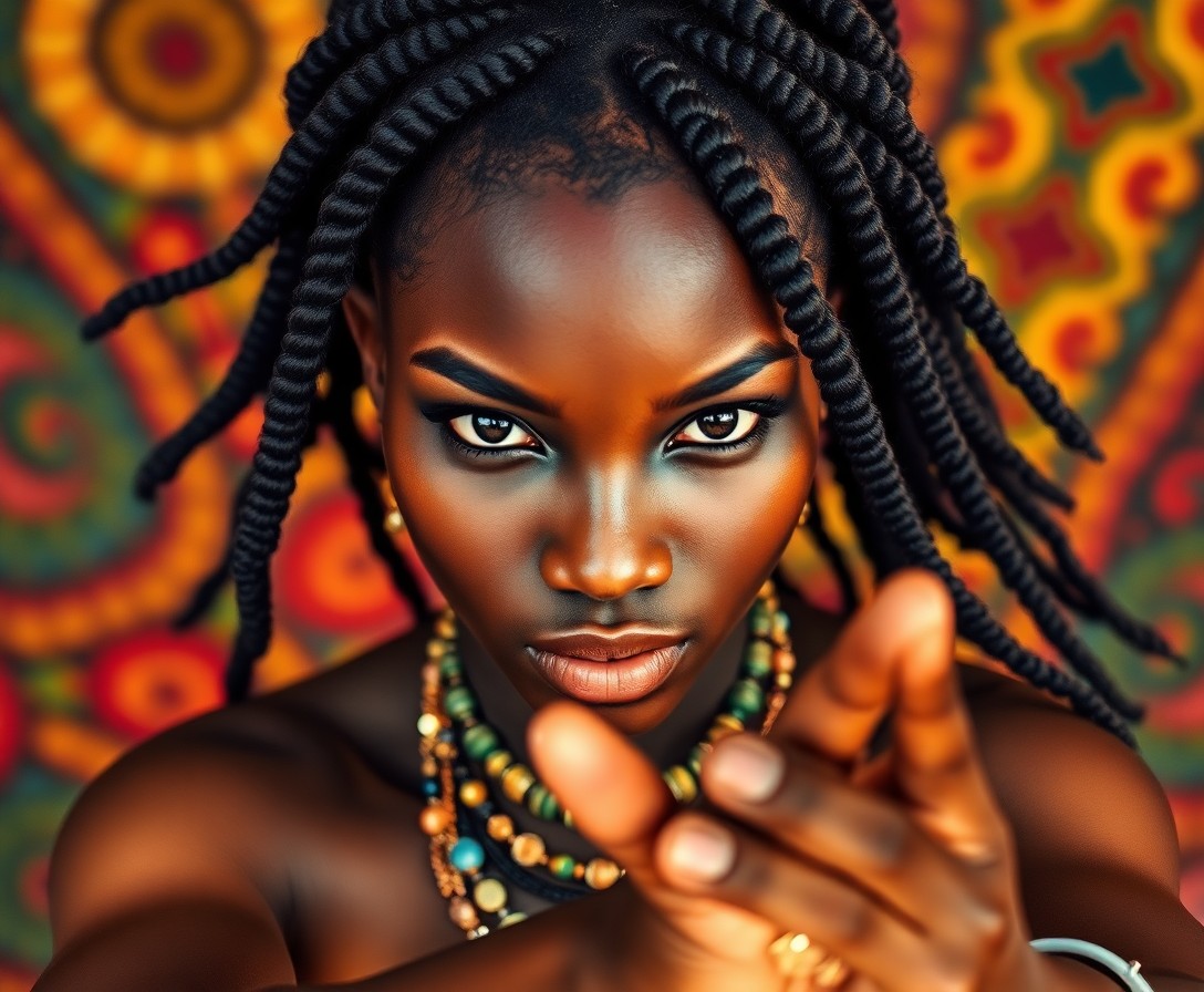 AI generated art for prompt: Visualize a hyperrealistic portrait of a skilled West African dancer with captivating dark eyes and 