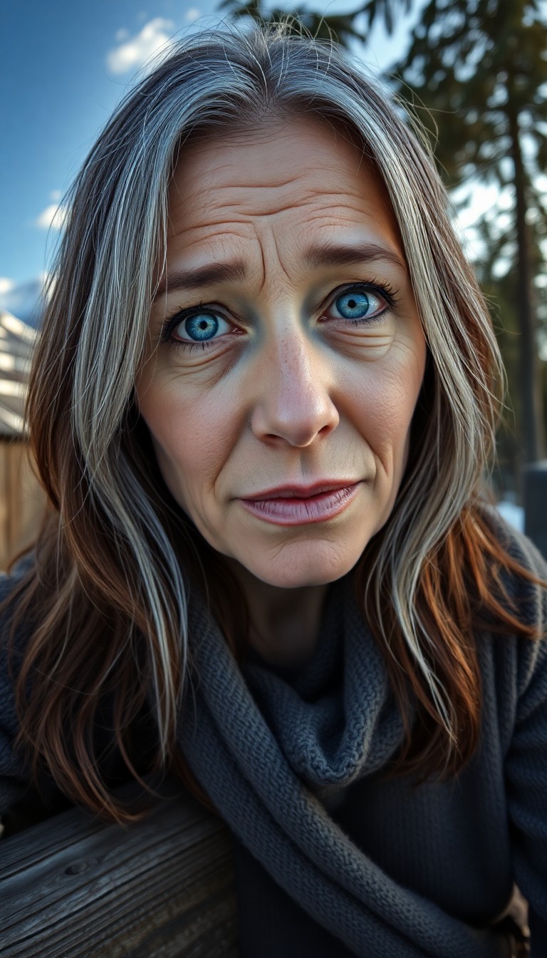 AI generated art for prompt: A hyperrealistic portrait captures a Hispanic woman in her late forties with striking ice-blue eyes 