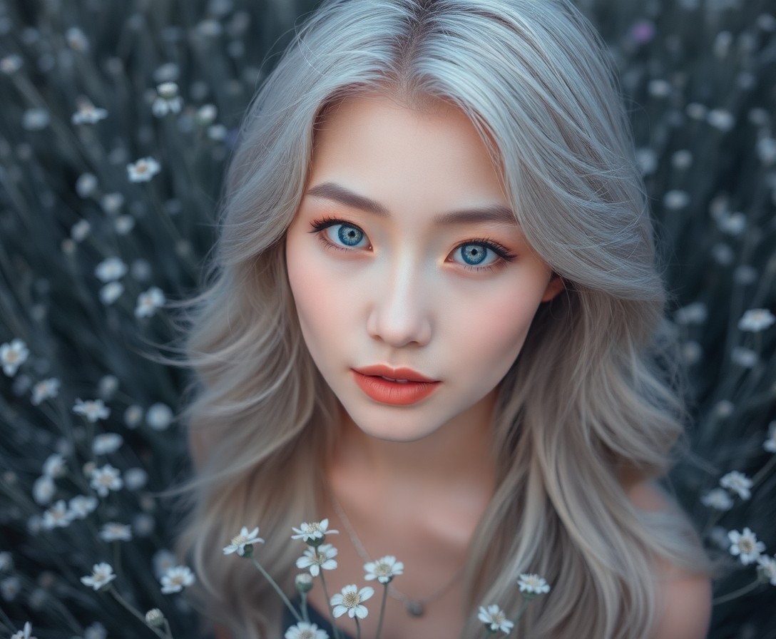 AI generated art for prompt: Envision a portrait of an East Asian woman with captivating icy blue eyes and porcelain skin, illumi