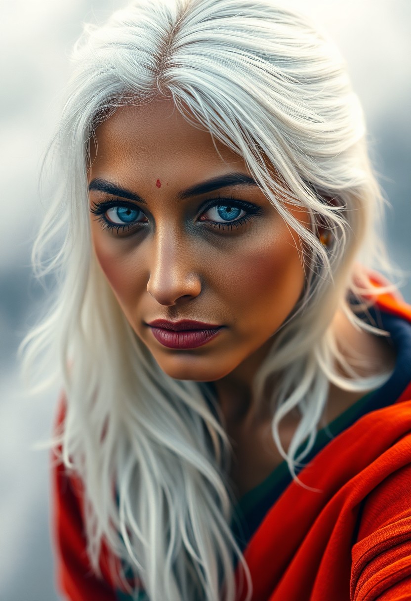 AI generated art for prompt: Hyperrealistically depict a South Asian woman with piercing blue eyes and snow-white hair cascading 