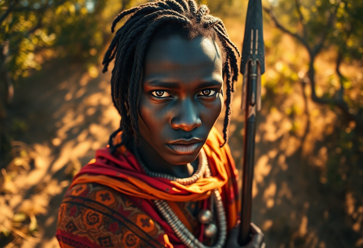 AI generated art for prompt: Envision a hyperrealistic portrait of an enigmatic African warrior with piercing dark eyes and intri