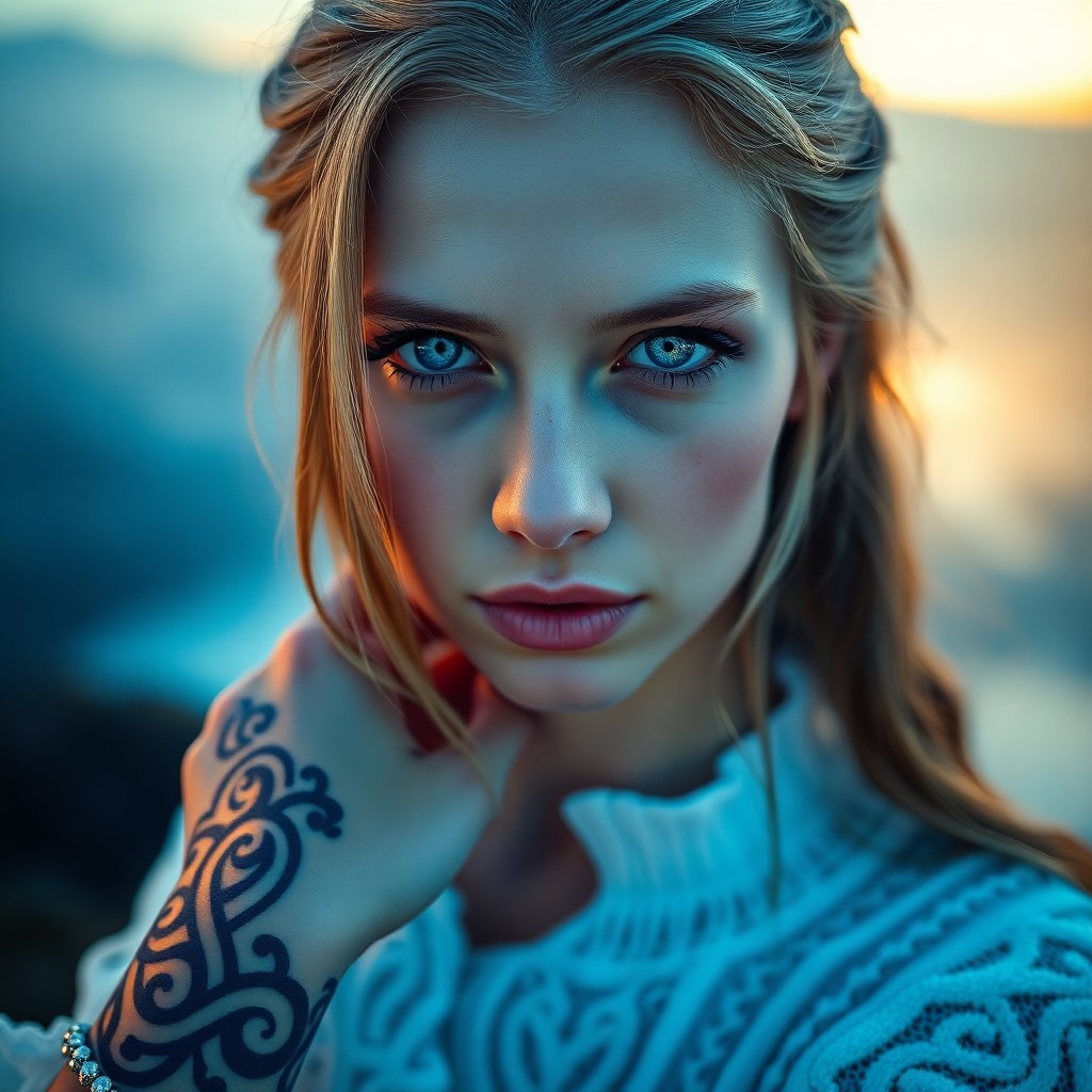 AI generated art for prompt: A photorealistic portrait photograph showcases an enigmatic Slavic woman, her ice-blue eyes piercing