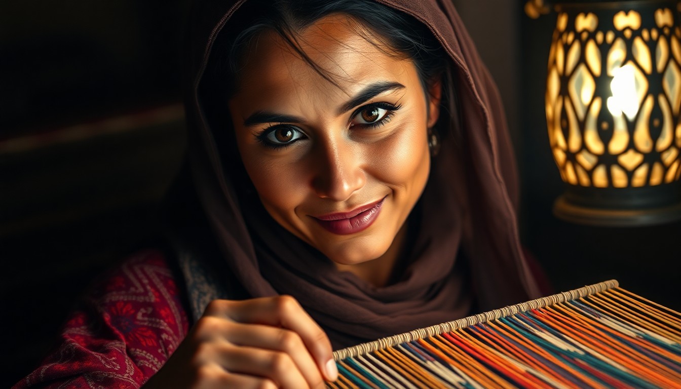 AI generated art for prompt: Photorealistic portrait of a Middle Eastern woman weaving intricate patterns on an ancient loom unde