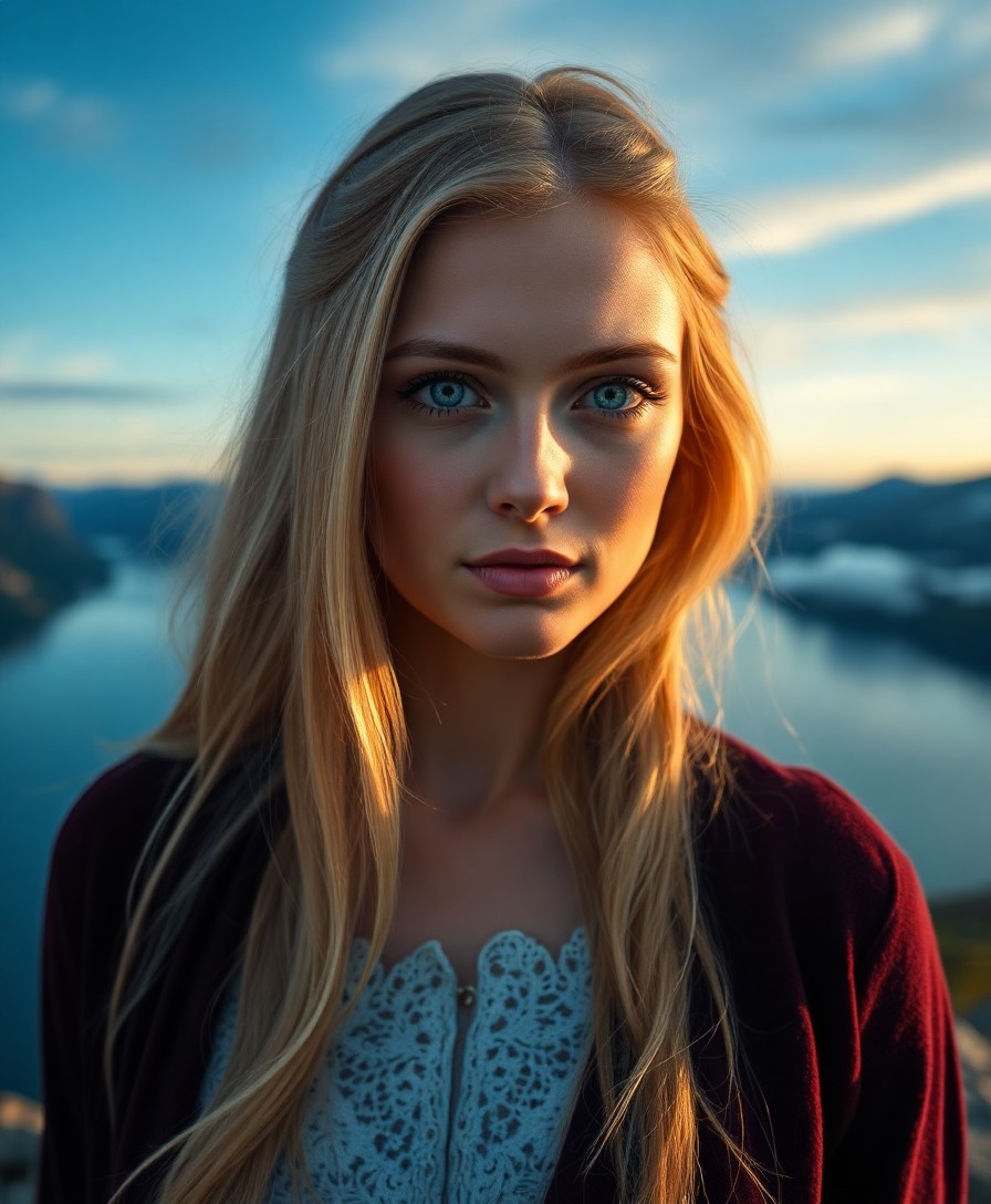 AI generated art for prompt: Craft an ultra-realistic portrait of a Nordic woman with piercing blue eyes and long, golden hair, c