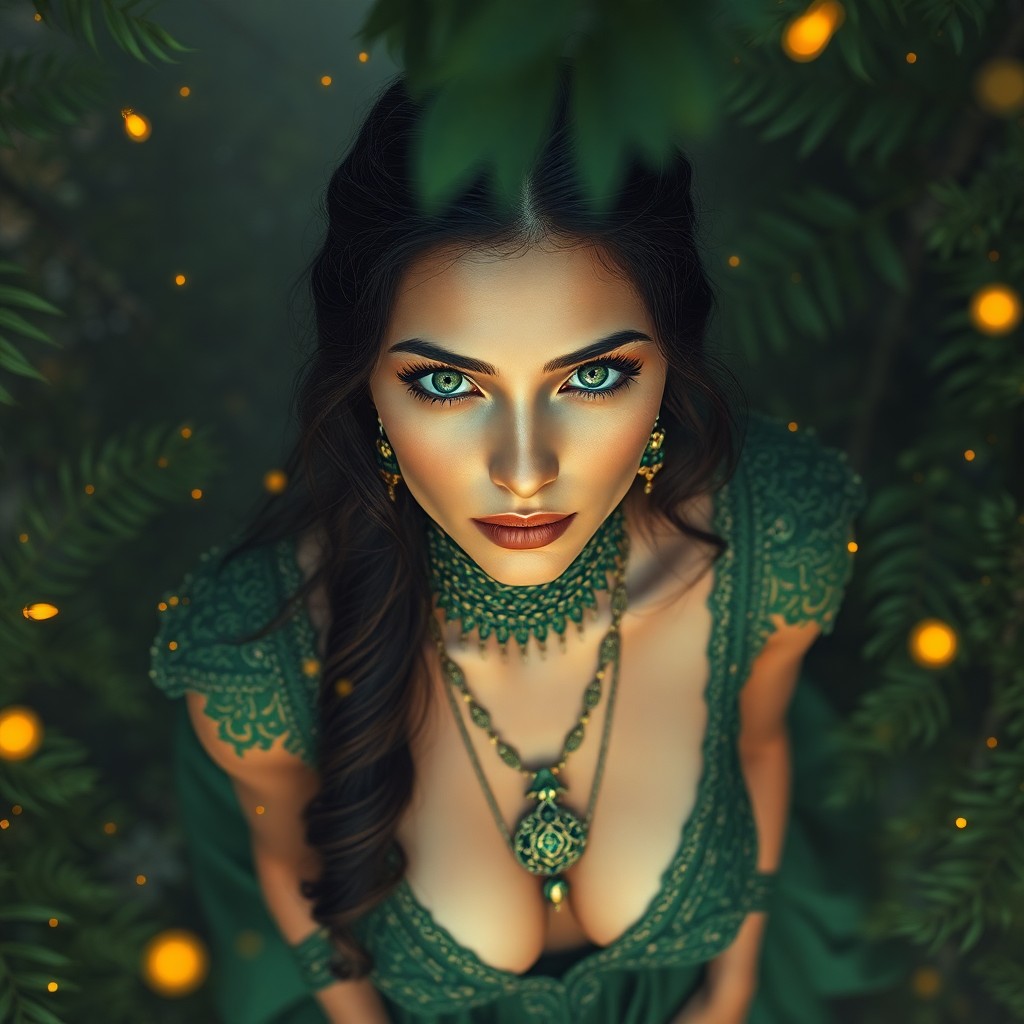 AI generated art for prompt: Envision a photorealistic portrait of an enigmatic Hispanic woman with captivating green eyes, captu