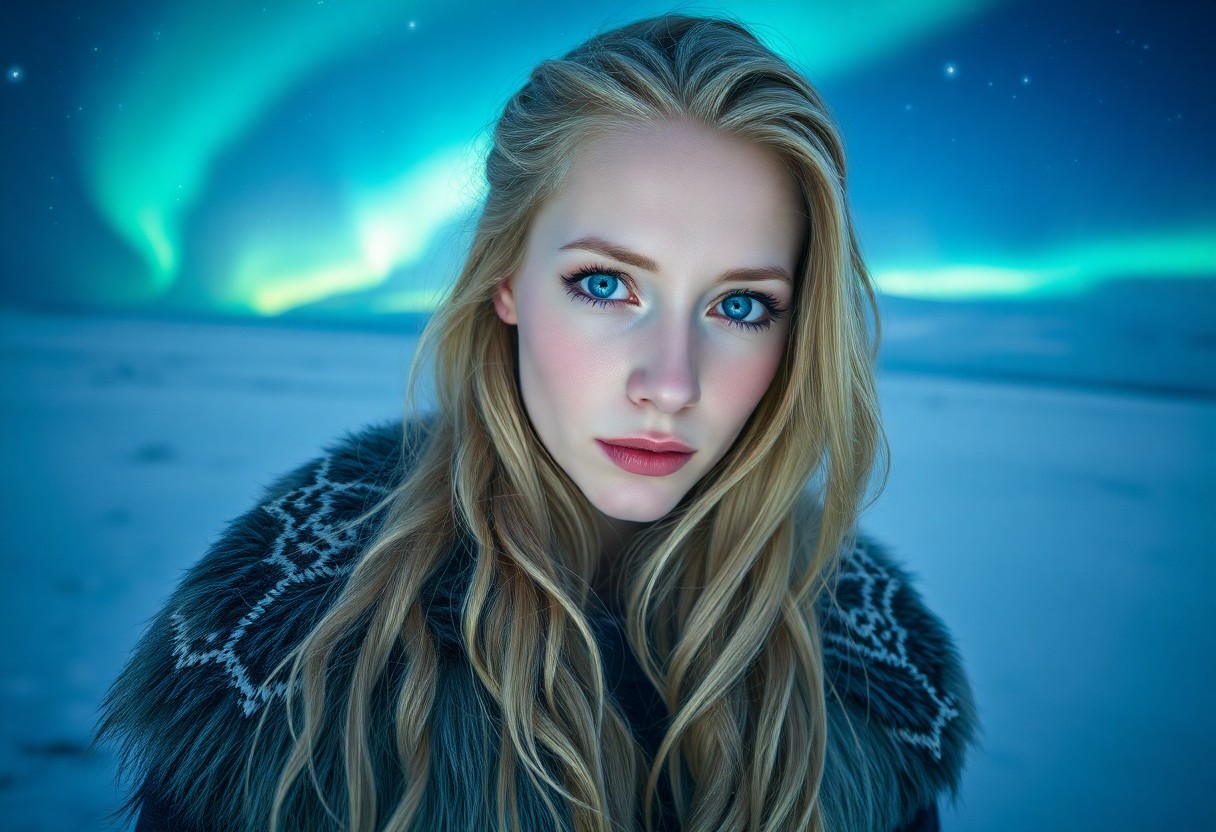 AI generated art for prompt: Craft an ultra-realistic portrait of a Nordic woman with piercing blue eyes and cascading golden hai