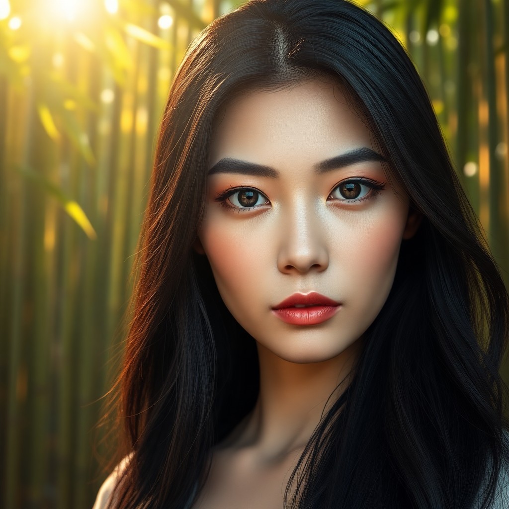 AI generated art for prompt: Create a photorealistic portrait of an enigmatic East Asian woman with porcelain skin and captivatin