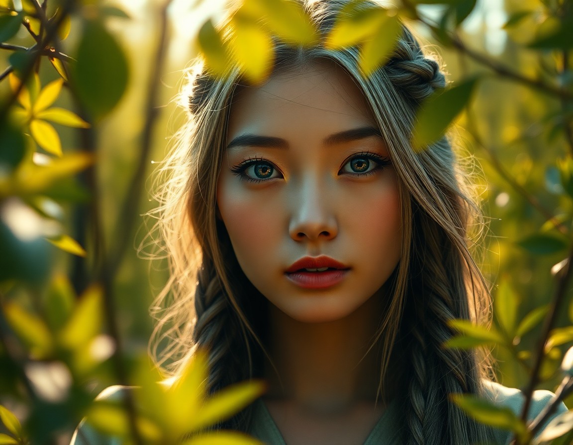 AI generated art for prompt: Craft a photorealistic portrait of an East Asian woman with captivating blue eyes and long hair brai