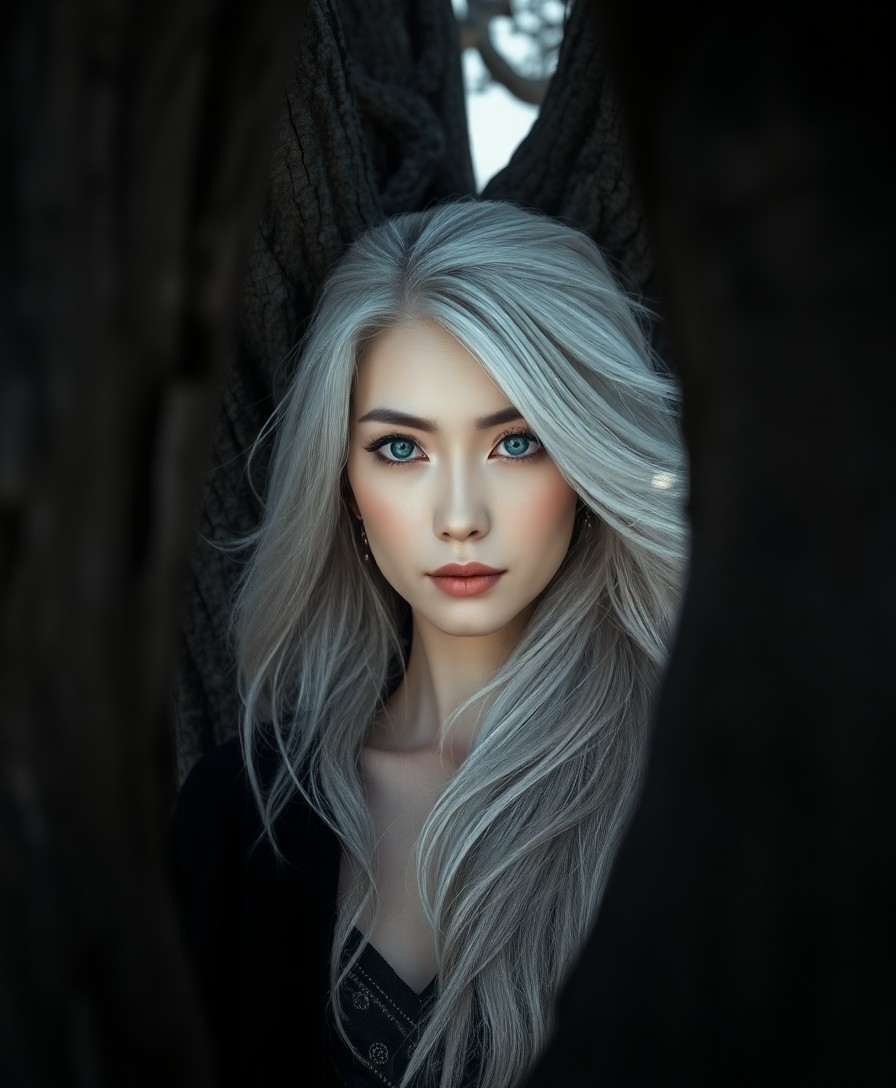 AI generated art for prompt: Craft a photorealistic portrait photograph showcasing an East Asian woman with piercing gray eyes an