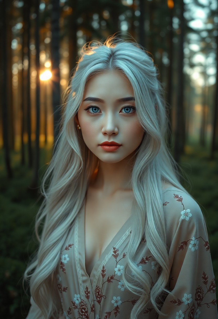 AI generated art for prompt: A captivating portrait photograph of an enigmatic East Asian woman with striking ice-blue eyes and l