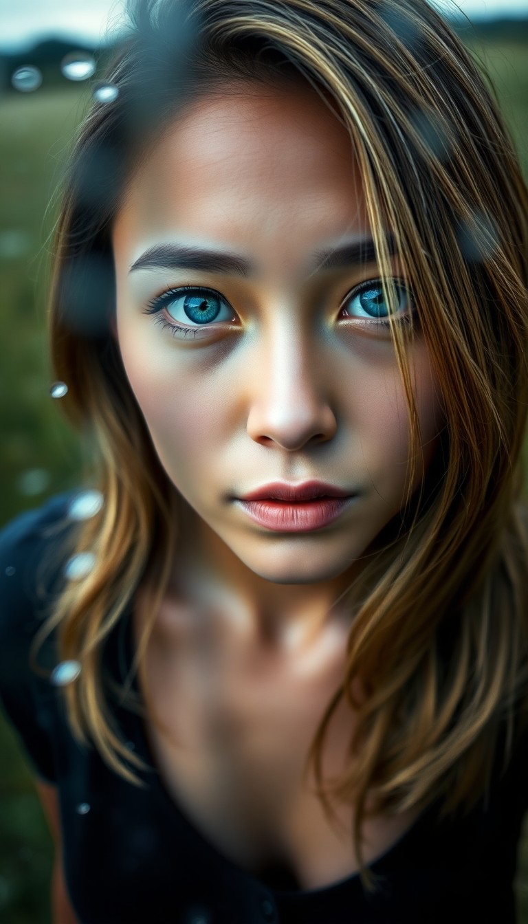 AI generated art for prompt: A hyperrealistic portrait featuring a Pacific Islander woman with captivating blue eyes and golden s