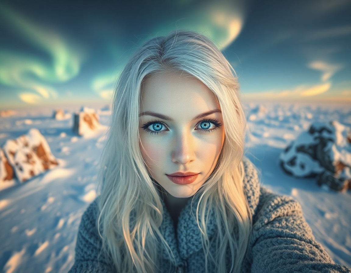 AI generated art for prompt: Imagine a photorealistic portrait of a Nordic woman with piercing blue eyes and cascading platinum h