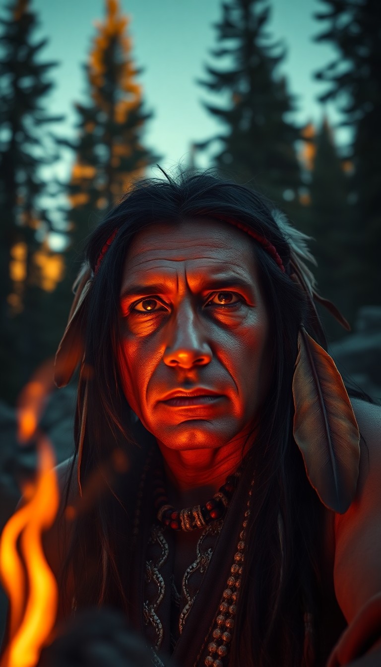 AI generated art for prompt: Envision a portrait photograph of a stoic Native American warrior with intense amber eyes and striki