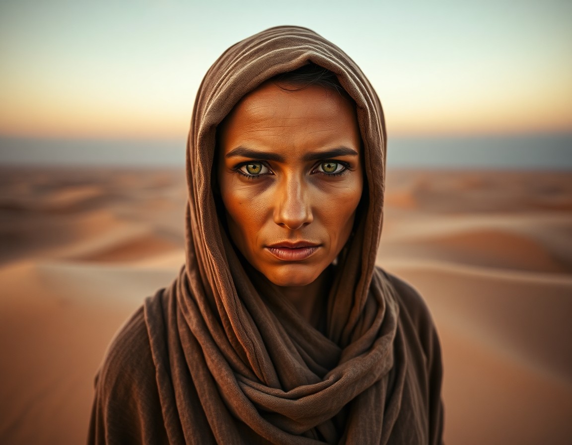 AI generated art for prompt: Envision a hyperrealistic portrait of an enigmatic Middle Eastern nomad woman captured by a DSLR len