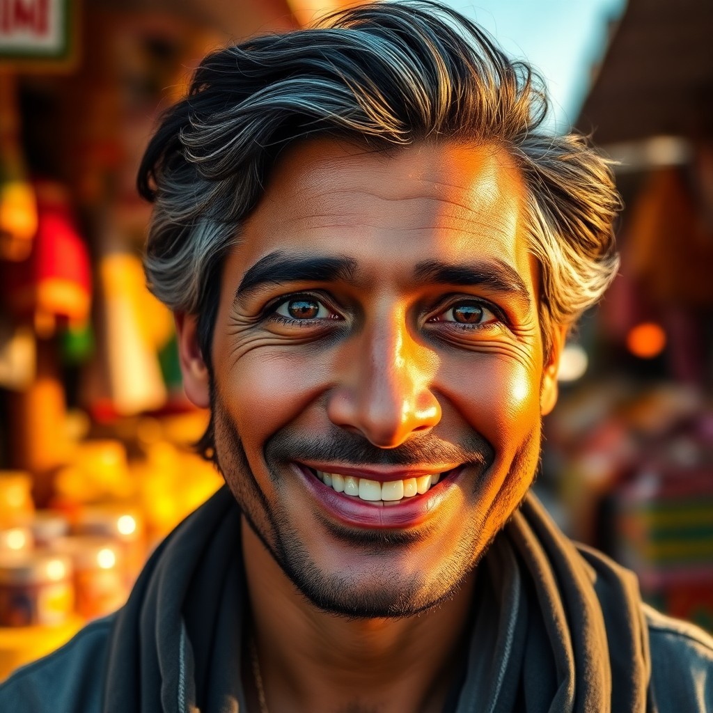 AI generated art for prompt: Craft a photorealistic portrait of an engaging Middle Eastern man with deep brown eyes and a beaming