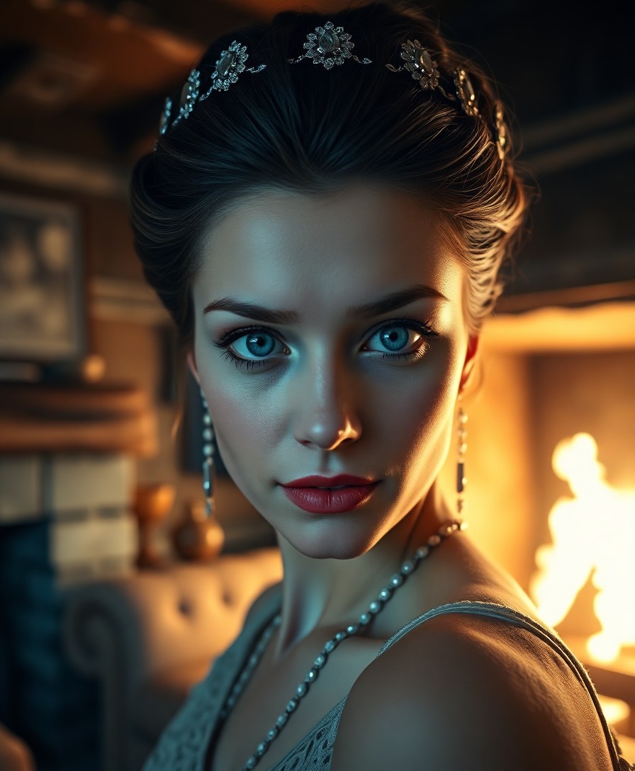 AI generated art for prompt: A photorealistic portrait photograph showcases a Slavic woman's enigmatic allure with piercing blue 