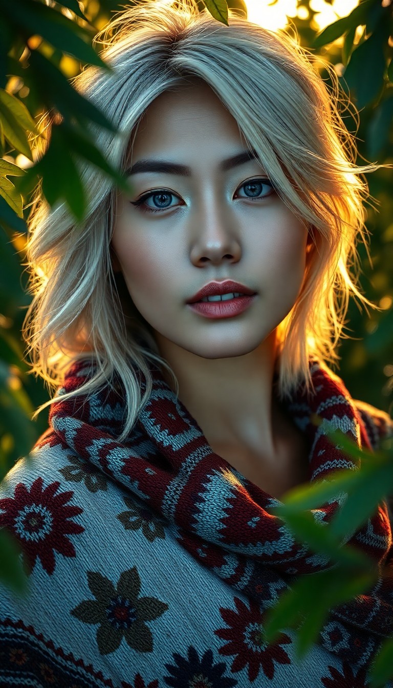 AI generated art for prompt: A photorealistic portrait captures an enigmatic East Asian woman in her early thirties with captivat