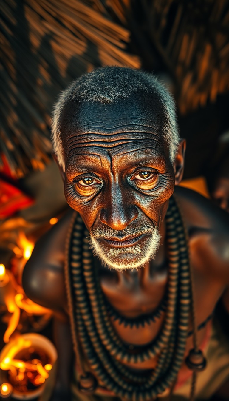 AI generated art for prompt: Craft a photorealistic portrait showcasing an African elder's enigmatic presence amidst a tribal gat