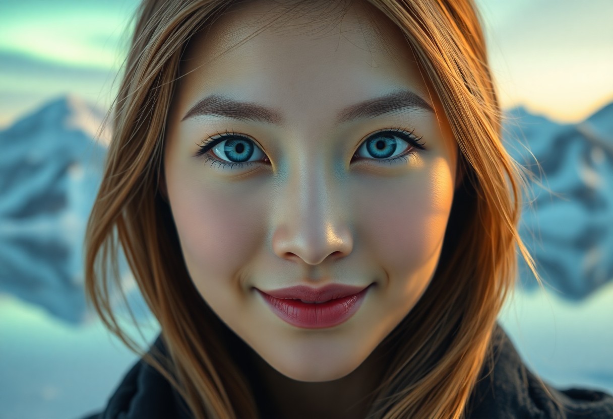 AI generated art for prompt: Craft a photorealistic portrait photograph of an East Asian woman with mesmerizing ice-blue eyes acc