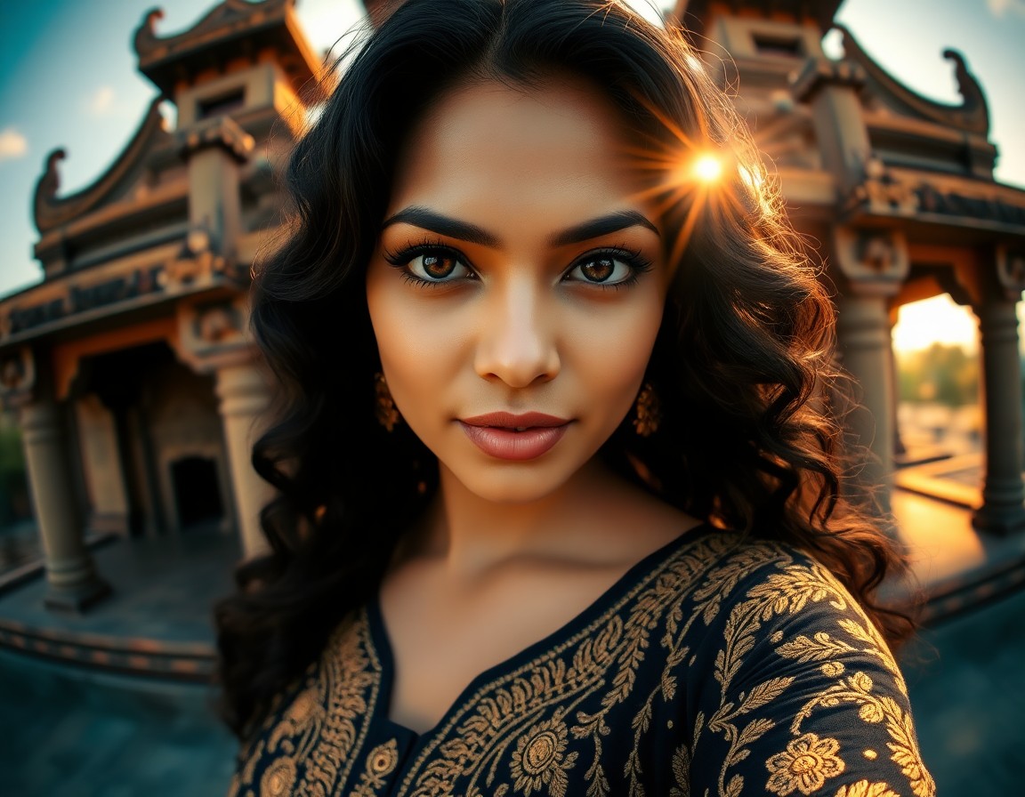 AI generated art for prompt: Compose a photorealistic portrait of a confident South Asian woman with dark wavy locks and piercing