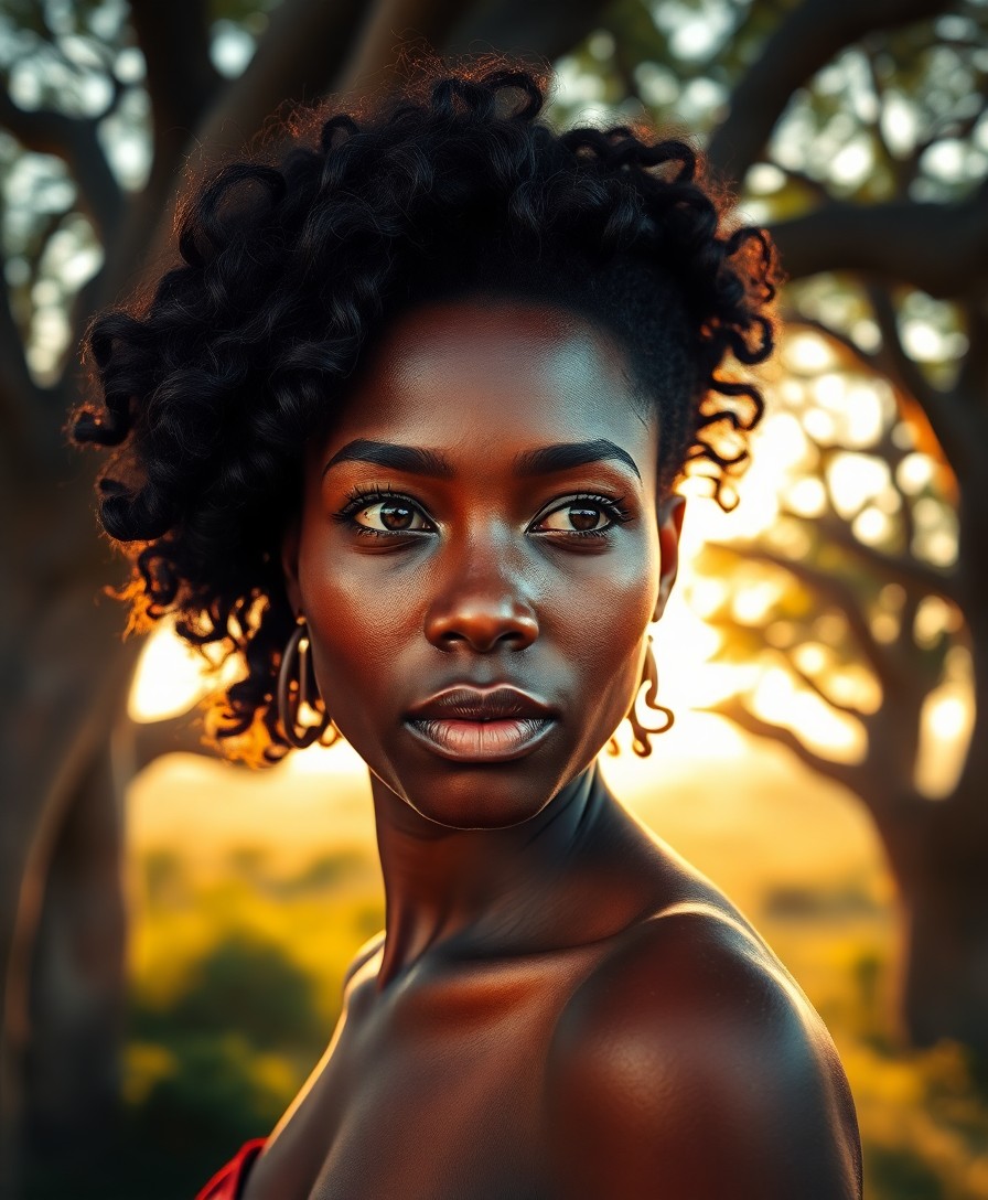 AI generated art for prompt: An enchanting East African woman, her warm hazel eyes and wavy black hair illuminated by the soft go