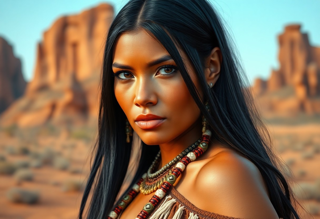 AI generated art for prompt: Craft a photorealistic portrait photograph showcasing an introspective Native American woman with pi